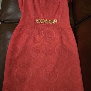 Kay Unger Red Midi Dress with Gold Detail